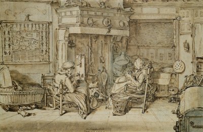 Interior holandés, 1617 (pluma, tinta y pincel sobre papel) de Willem Pietersz Buytewech